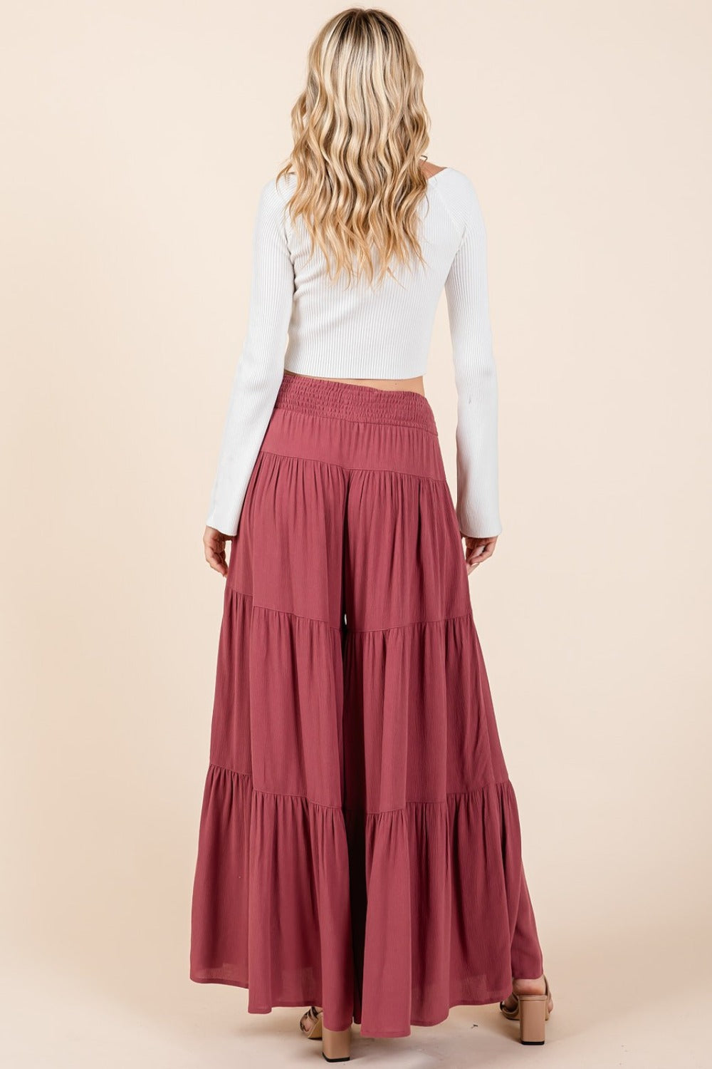 Tier Detail Smocked Elastic Waist Wide Leg Pants in Sienna Magenta Southern Soul Collectives