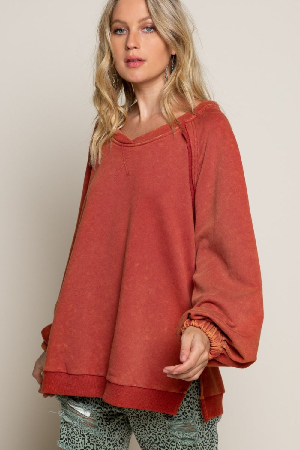 Open Back Criss Cross Strap Detail Balloon Sleeve Sweatshirt in Golden Poppy Red Southern Soul Collectives