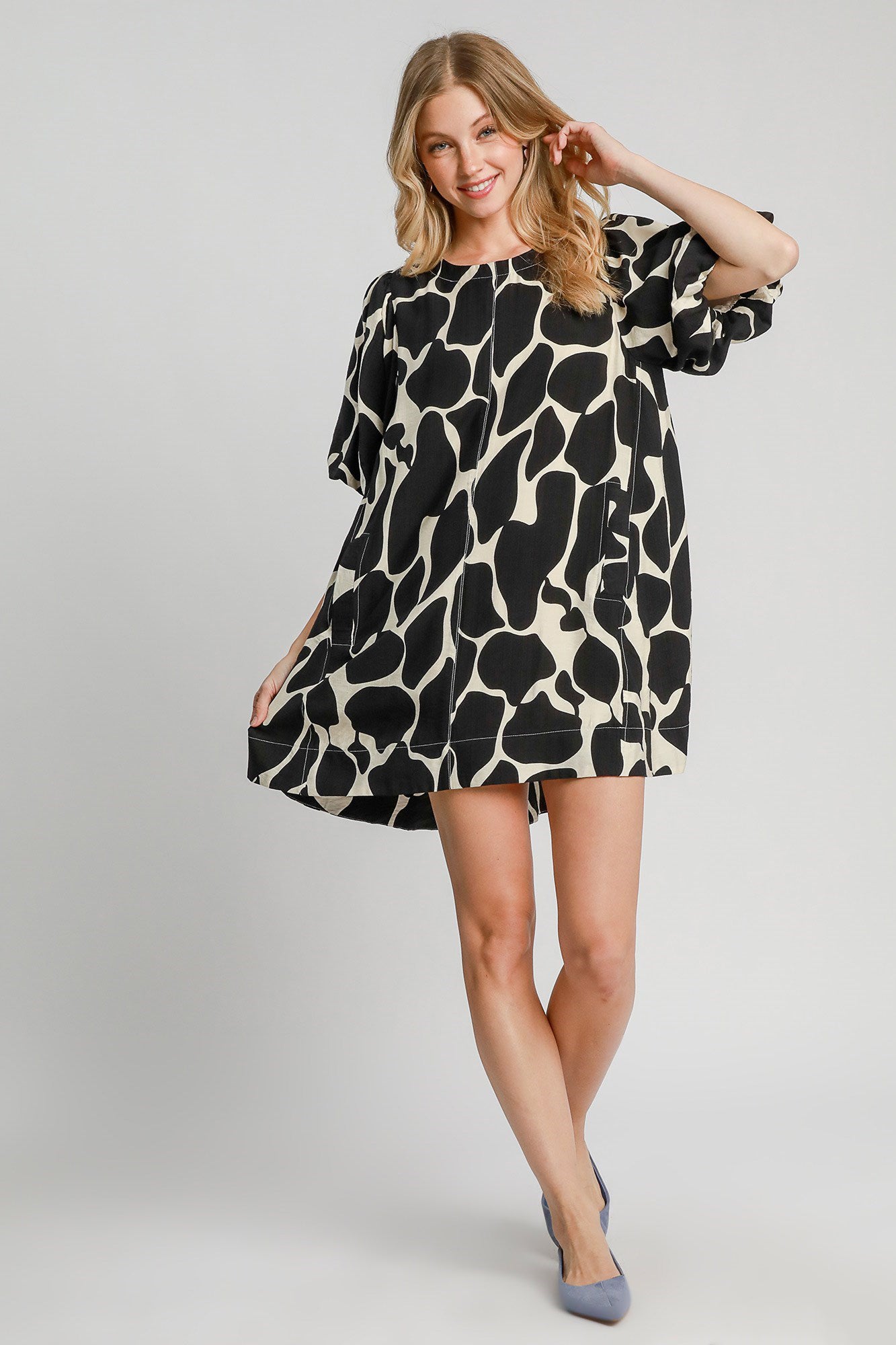 Two Tone Abstract Print Puff Sleeve Dress in Black Southern Soul Collectives