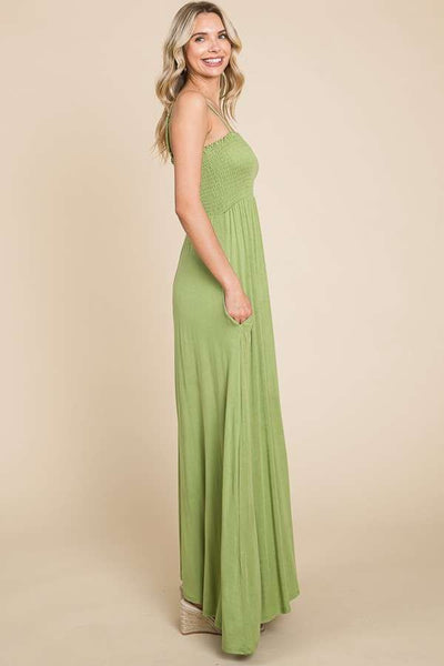 Smocked Bodice Cami Maxi Dress with Pockets in Olive Green Southern Soul Collectives