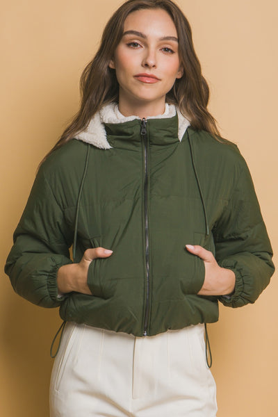 Zip Up Cropped Hooded Sherpa Reversible Jacket in Hunter Greent Southern Soul Collectives