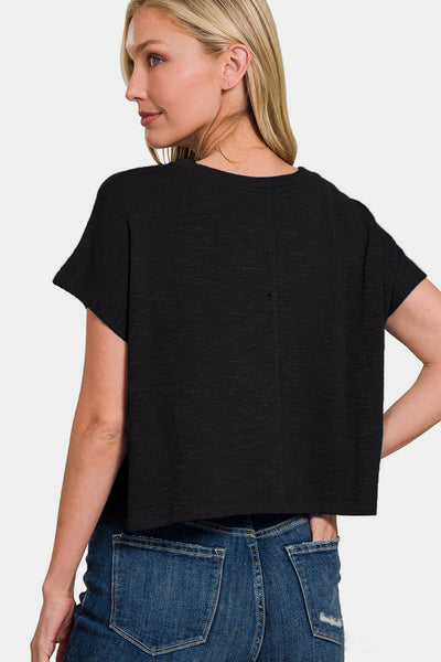 Zenana Round Neck Short Sleeve Crop T-Shirt in Black Southern Soul Collectives