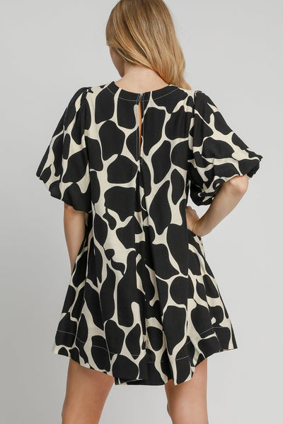 Two Tone Abstract Print Puff Sleeve Dress in Black Southern Soul Collectives