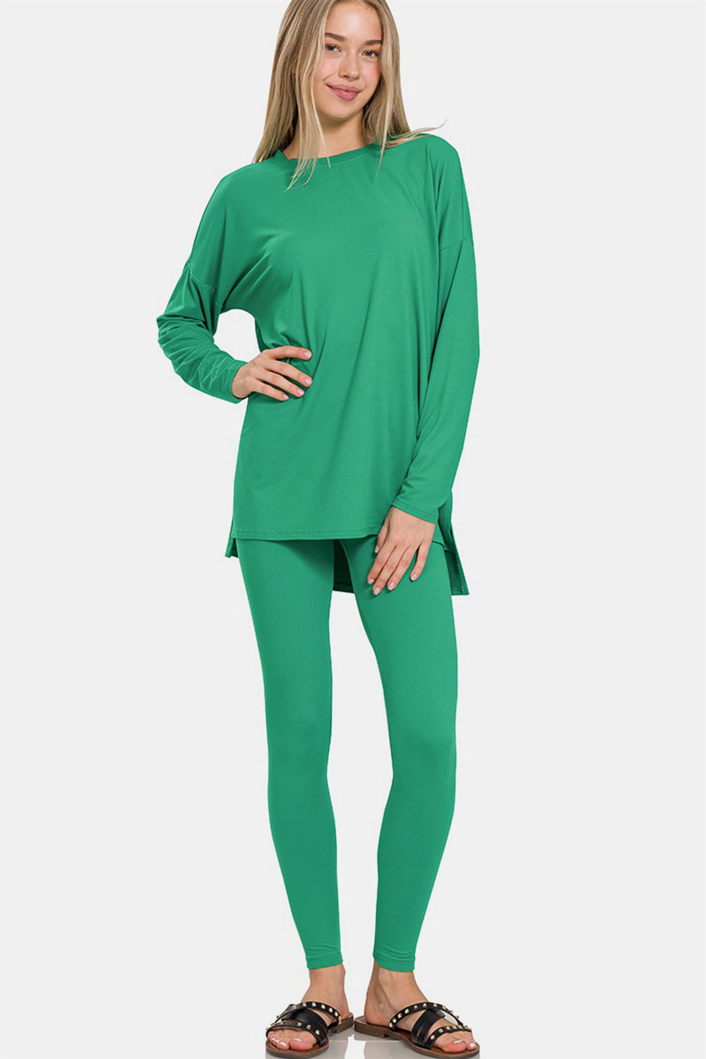 Zenana Brushed Microfiber Long Sleeve Top and Leggings Lounge Set Kelly Green Southern Soul Collectives