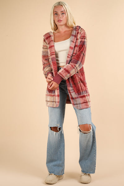 VERY J Fuzzy Plaid Long Sleeve Hooded Jacket Southern Soul Collectives