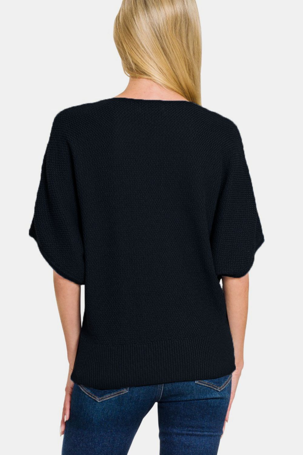 Zenana V-Neck Short Sleeve Dolman Sweater in Black Southern Soul Collectives