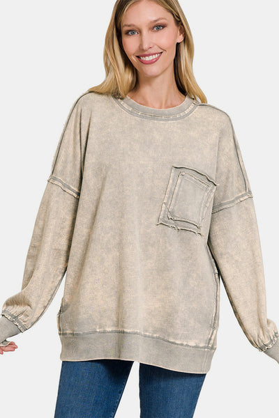 Zenana Exposed Seam Round Neck Dropped Shoulder Sweatshirt Southern Soul Collectives