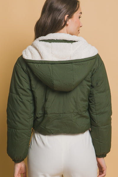 Zip Up Cropped Hooded Sherpa Reversible Jacket in Hunter Greent Southern Soul Collectives