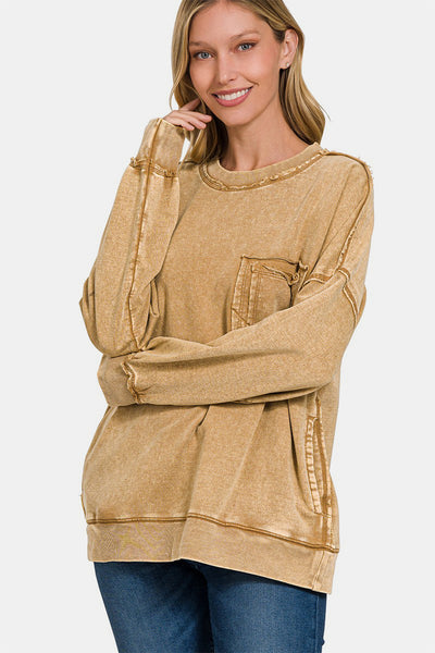 Zenana Exposed Seam Round Neck Dropped Shoulder Sweatshirt in Camel Southern Soul Collectives