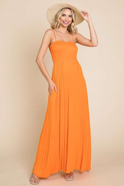 Smocked Bodice Cami Maxi Dress with Pockets in Sunkist Orange Southern Soul Collectives