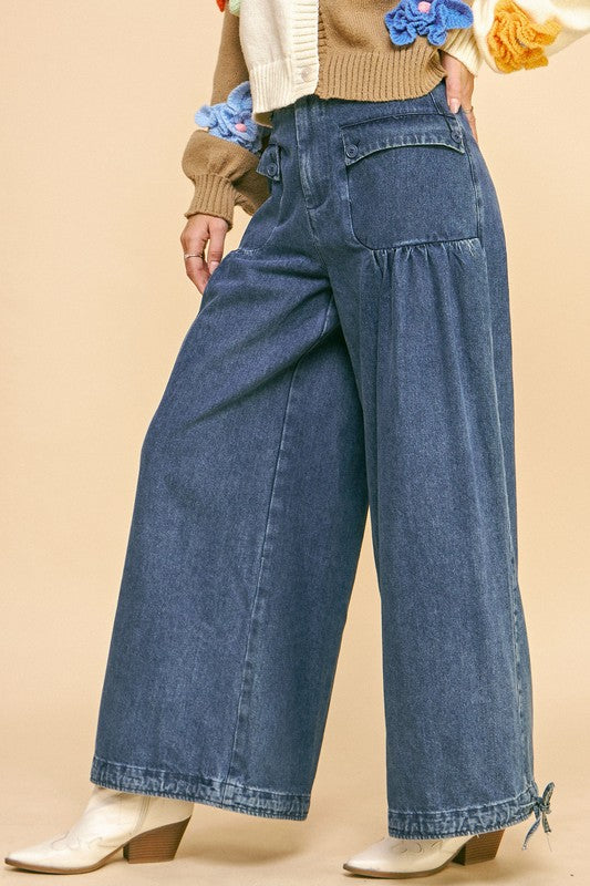 Davi & Dani Drawstring Hem Wide Leg Mid Rise Jeans Southern Soul Collectives