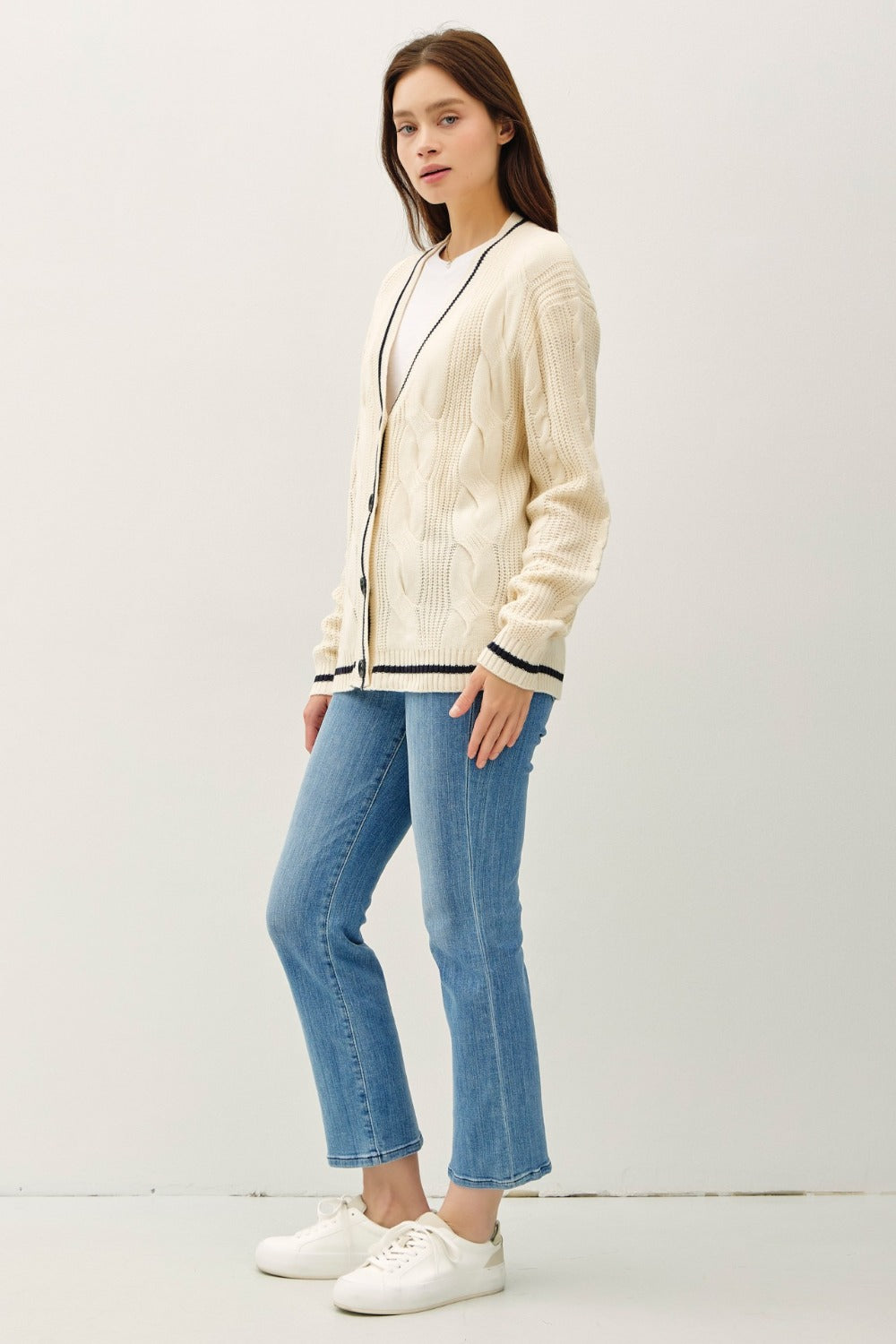 Be Cool Contrast Trim Cable-Knit V-Neck Cardigan Southern Soul Collectives