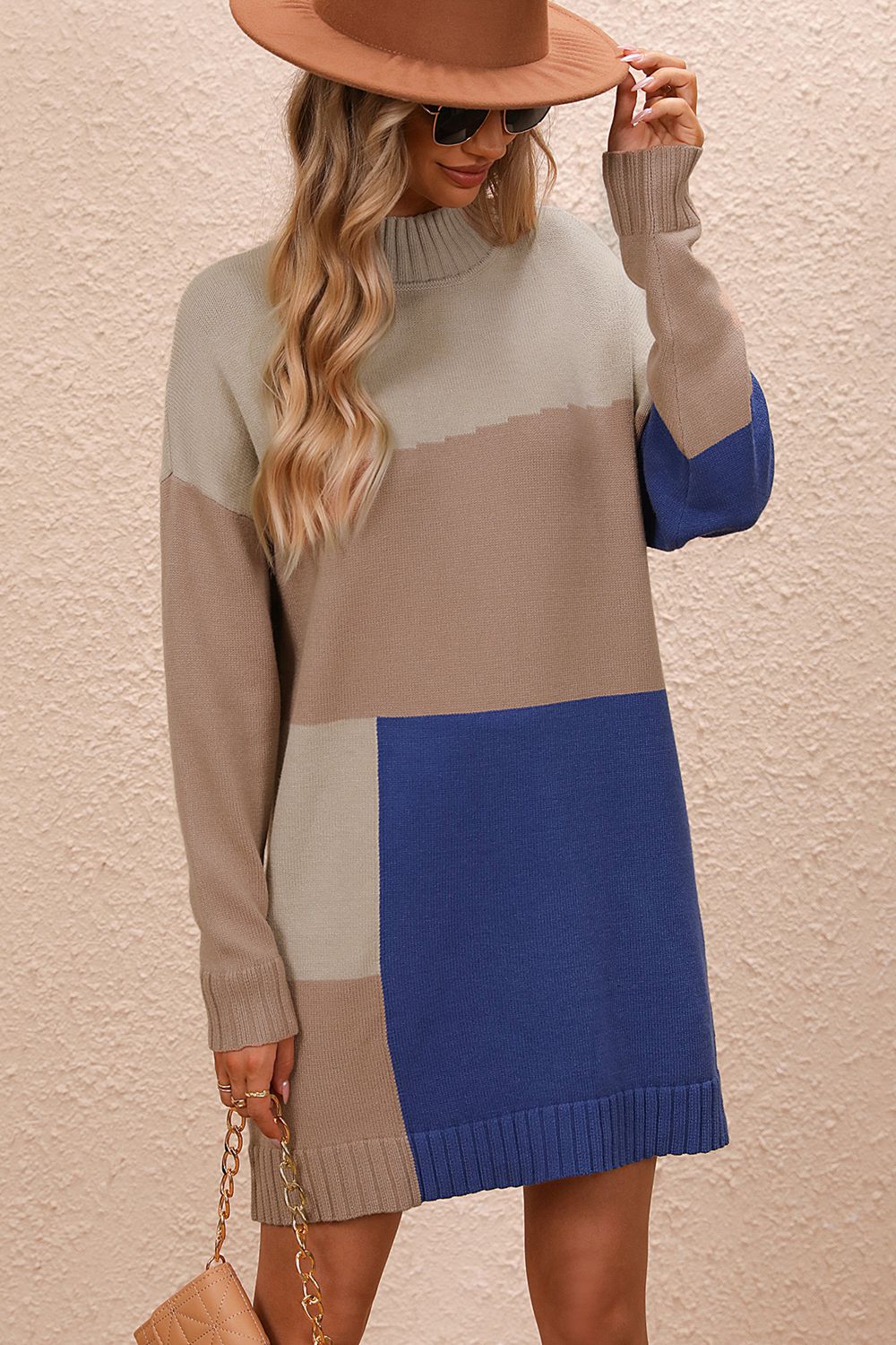 Color Block Mock Neck Dropped Shoulder Sweater Dress Southern Soul Collectives