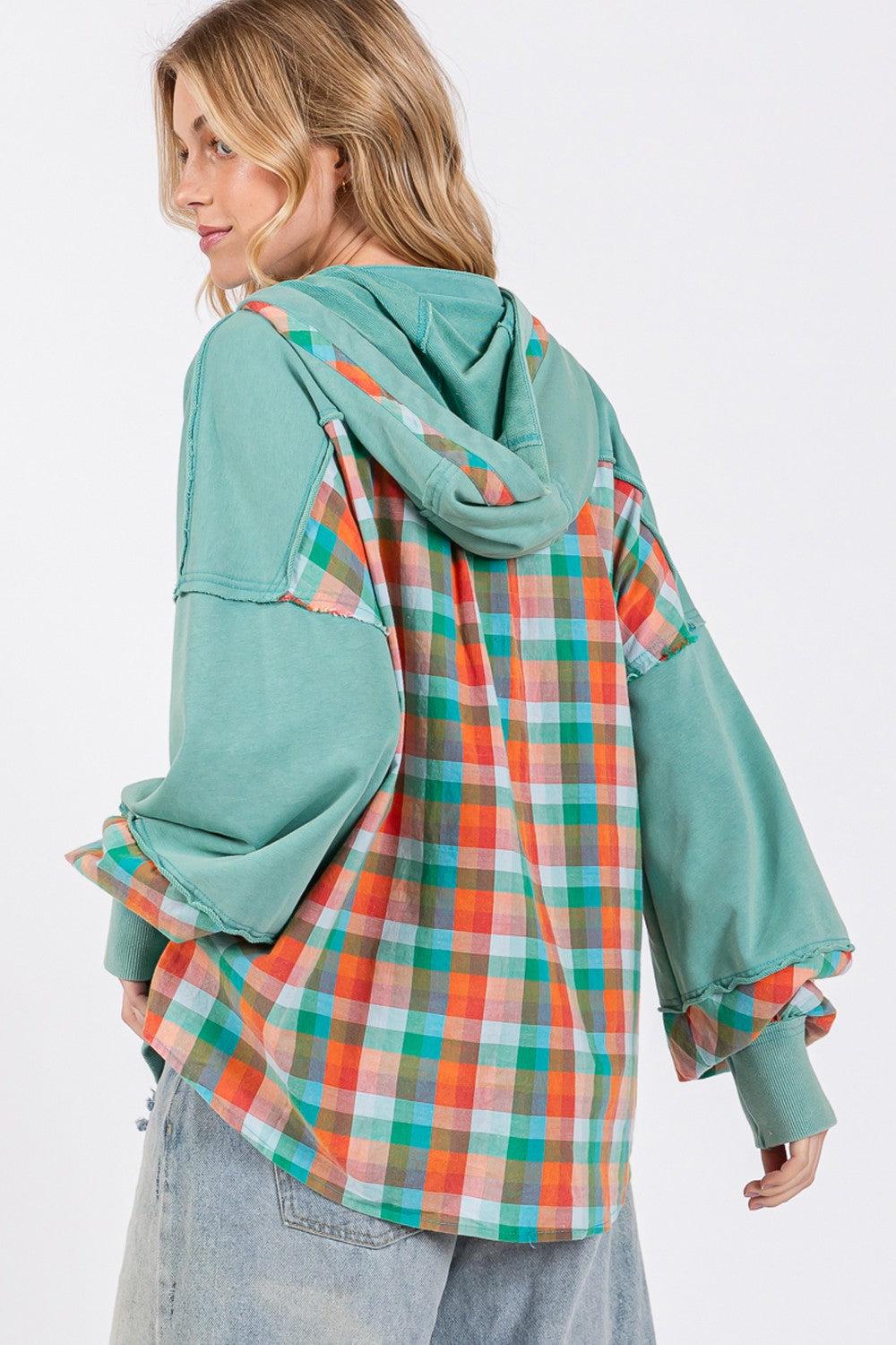 SAGE + FIG Full Size Plaid Print Washed Hoodie Southern Soul Collectives