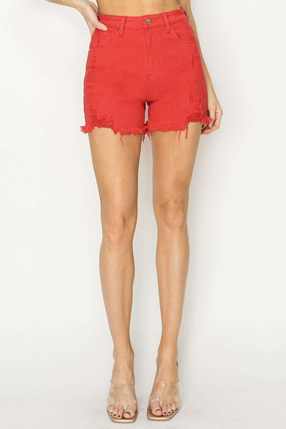 RISEN High Rise Distressed Denim Shorts in Red Southern Soul Collectives