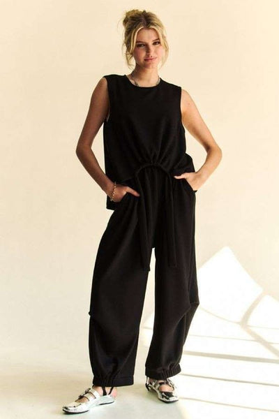 Drawstring Hem Round Neck Tank and Pants Set in Black Southern Soul Collectives