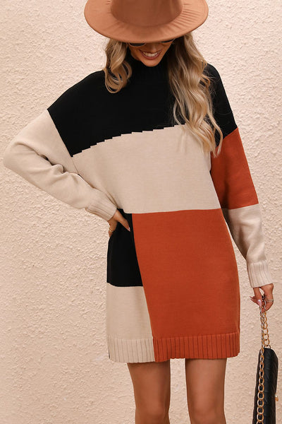 Color Block Mock Neck Dropped Shoulder Sweater Dress Southern Soul Collectives