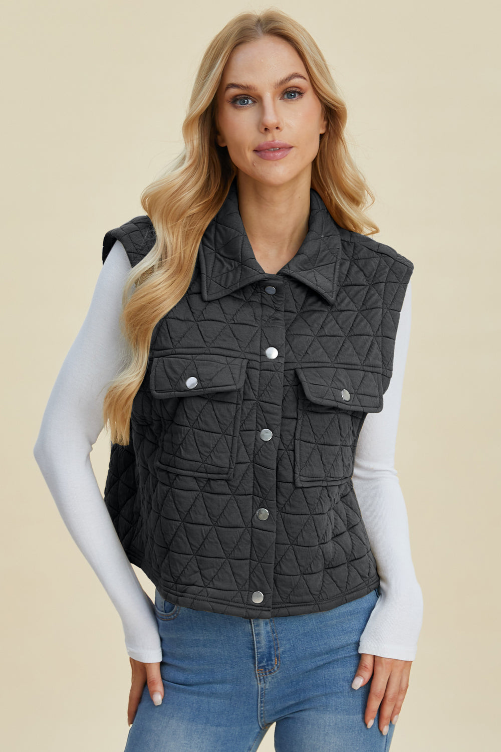 Double Take Full Size Pocketed Texture Snap Down Vest Coat Southern Soul Collectives