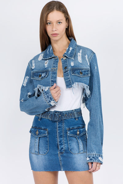 Distressed Denim Jacket with Frayed Hem Southern Soul Collectives