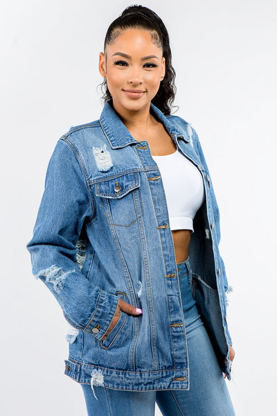 American Bazi Full Size Button Up Distressed Denim Jacket Southern Soul Collectives