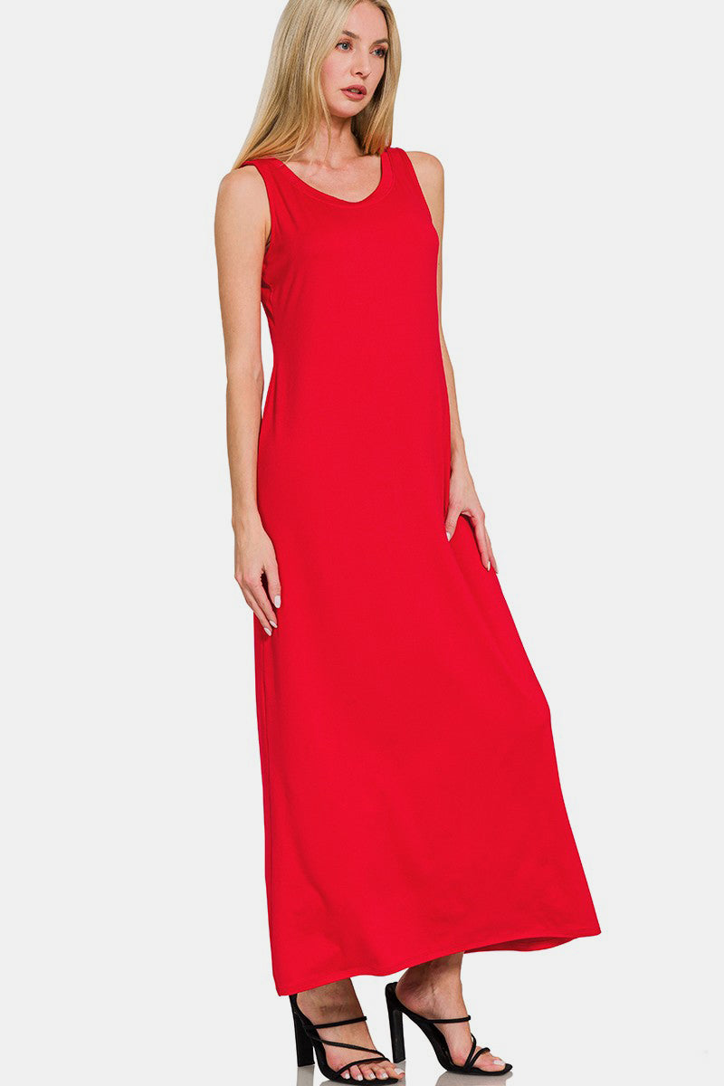 Zenana Scoop Neck Wide Strap Tank Maxi Dress in Red Southern Soul Collectives