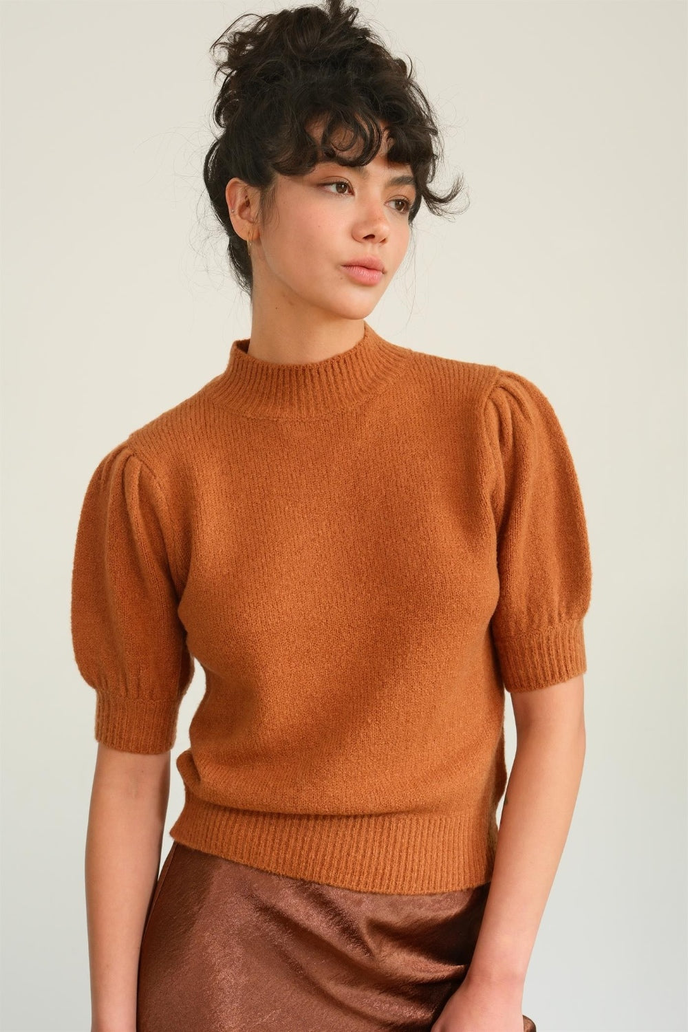 Mock Neck Puff Short Sleeve Sweater in Chocolate Orange Southern Soul Collectives