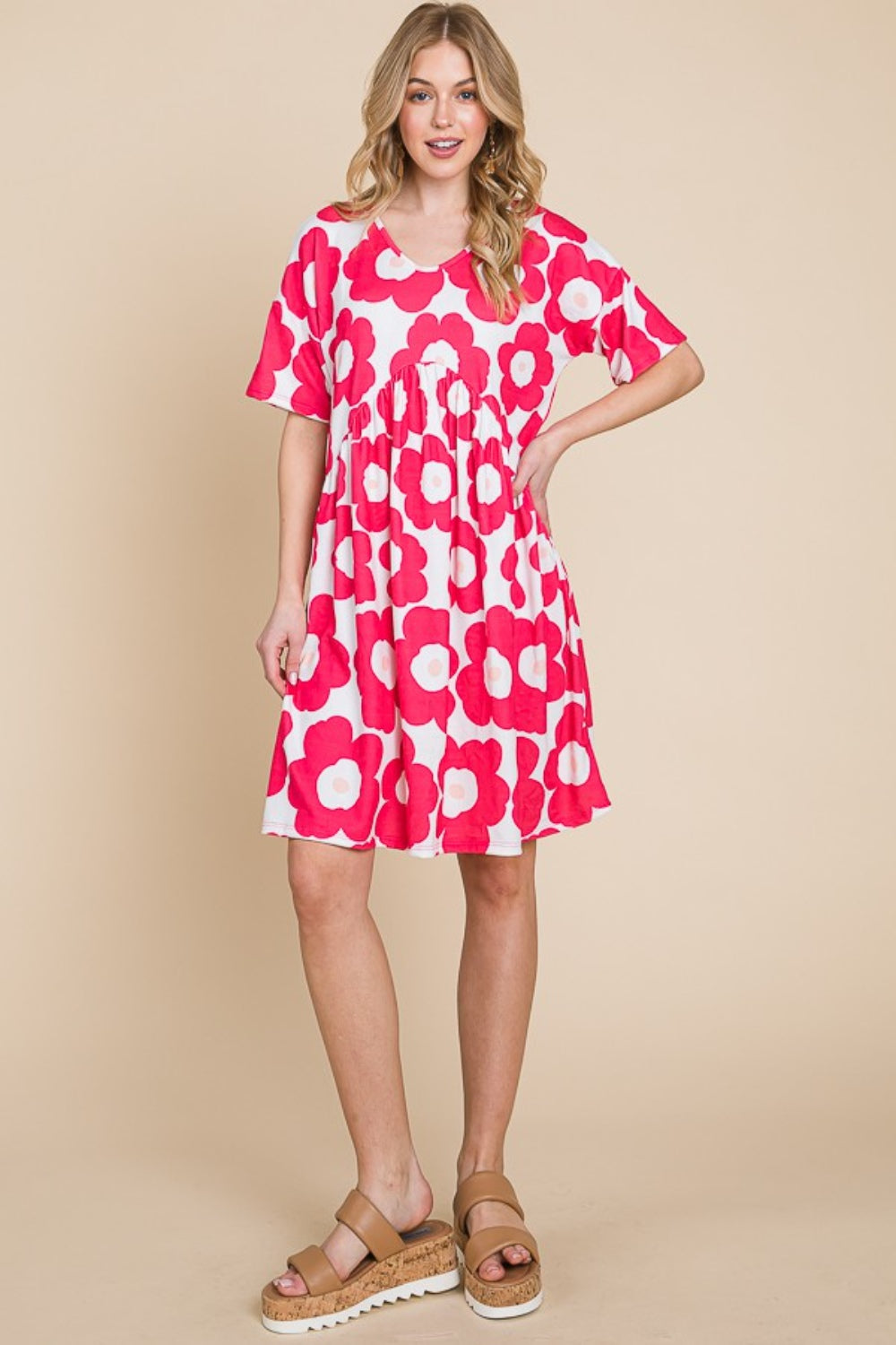 Bold Flower Print Ruched Baby Doll Dress in Fuchsia Southern Soul Collectives