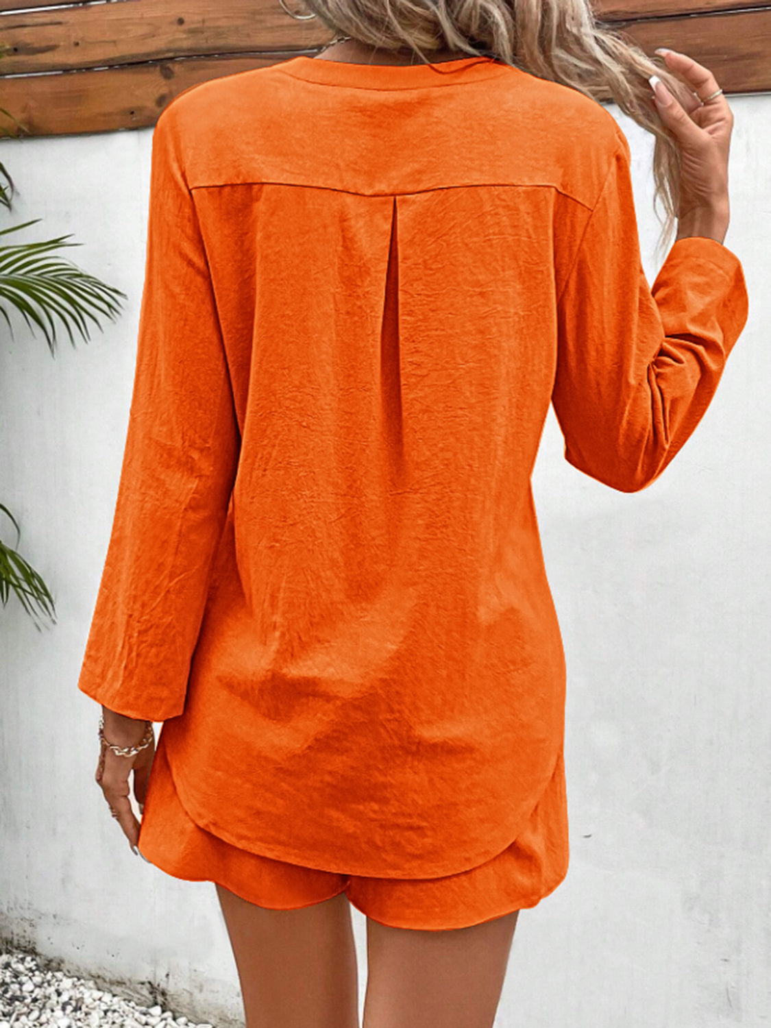 Notched V-Neck Button Front Rolled Long Sleeve Top and Shorts Set in Multiple Colors Southern Soul Collectives