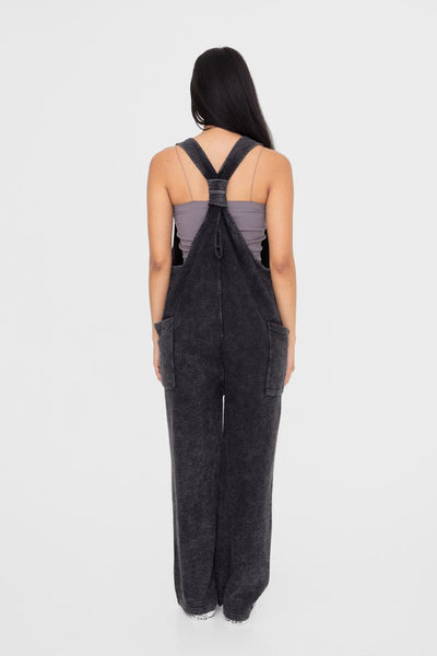 Mineral-Washed V Neck Overalls with Pockets in Black Southern Soul Collectives