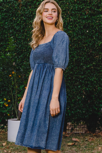Baby Blues Denim Washed Smocked Puff Sleeve Dress with Pockets Southern Soul Collectives