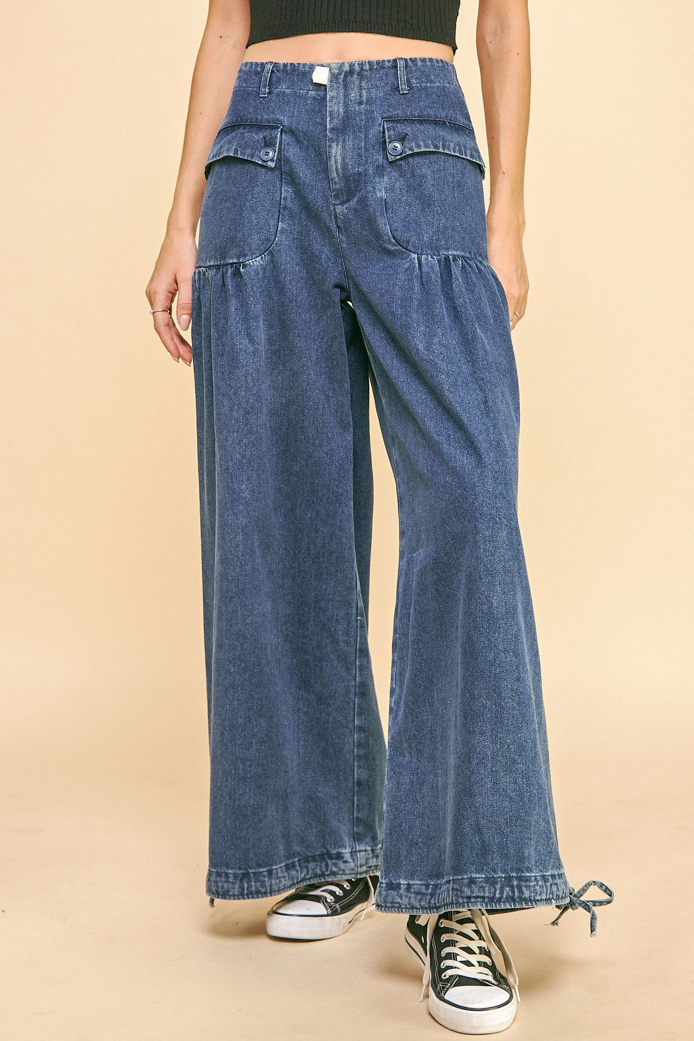 Davi & Dani Drawstring Hem Wide Leg Mid Rise Jeans Southern Soul Collectives