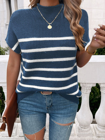 Devine Striped Mock Neck Short Sleeve Sweater Southern Soul Collectives