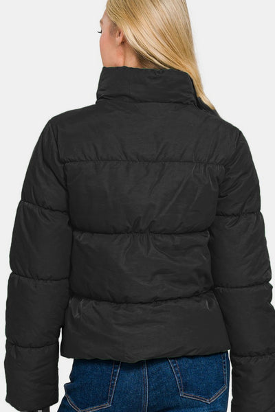 Zenana Zip Up Turtleneck Puffer Jacket with Pockets in Black Southern Soul Collectives