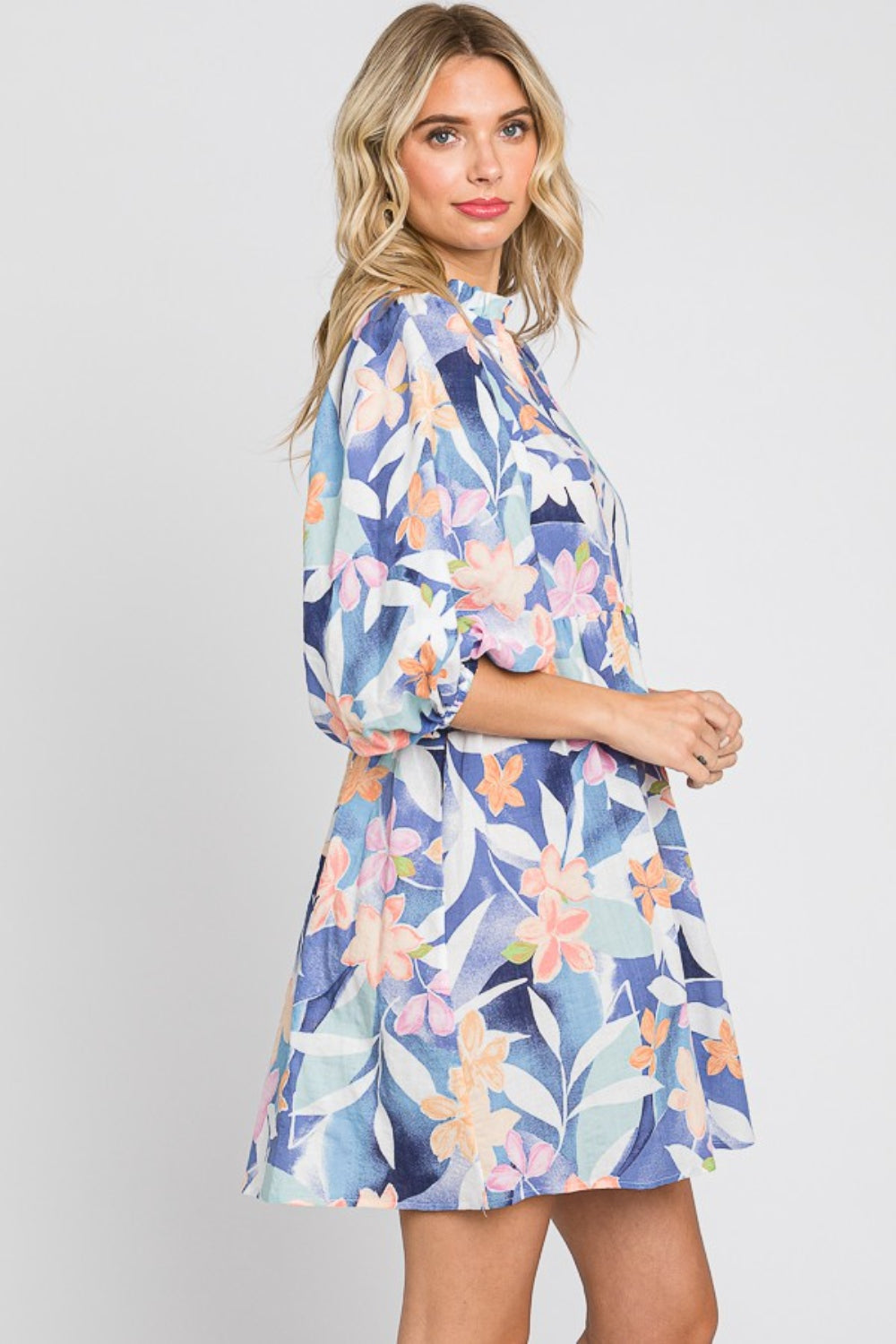 Floral Print Balloon Sleeves Mini Dress in Blue Southern Soul Collectives