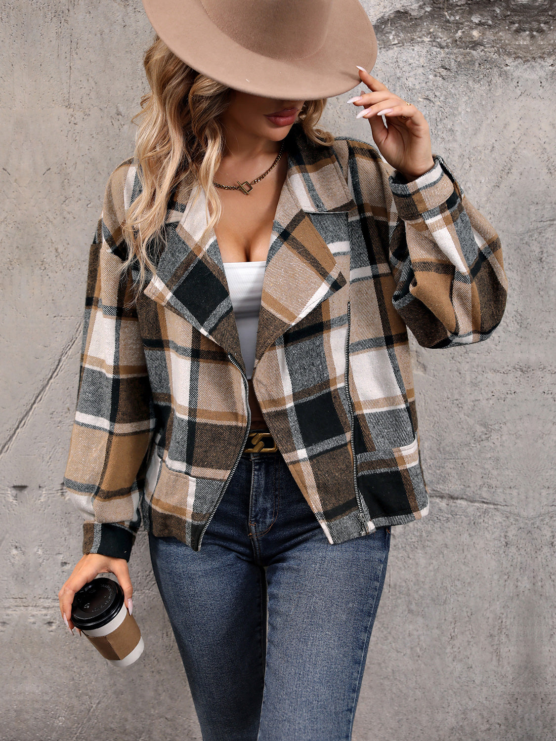 Perfee Plaid Collared Neck Long Sleeve Jacket Southern Soul Collectives