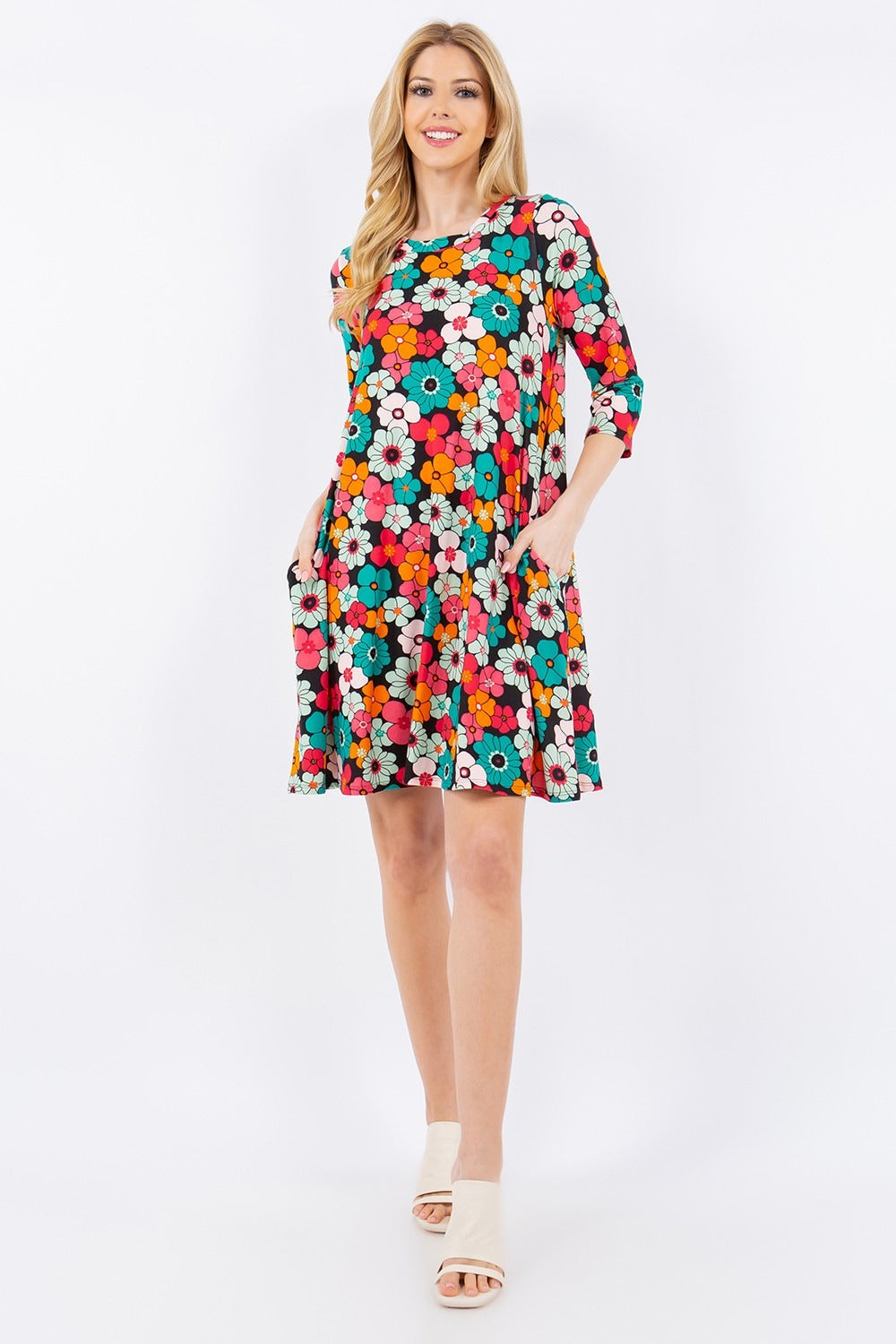 Floral Three-Quarter Sleeve Dress with Pockets Southern Soul Collectives