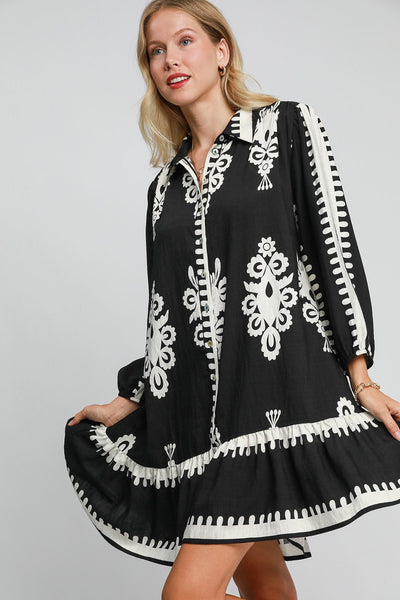 BOHO Border Print Button Down Ruffled Hem Dress in Black Southern Soul Collectives