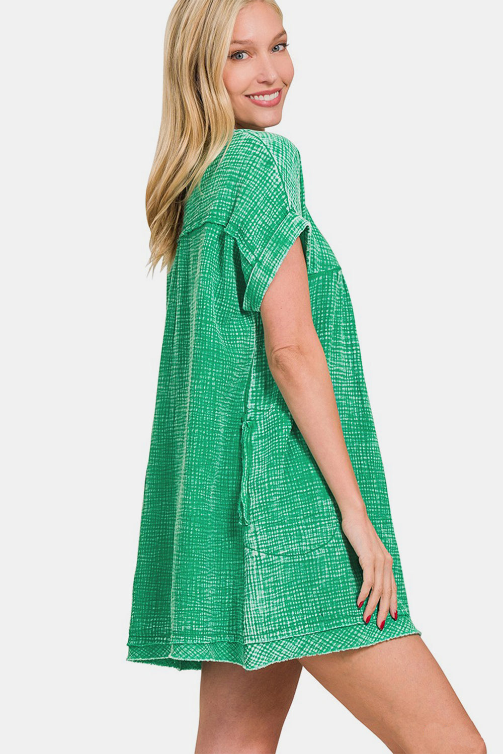 Zenana Washed Notched Short Sleeve Mini Dress in Green Southern Soul Collectives