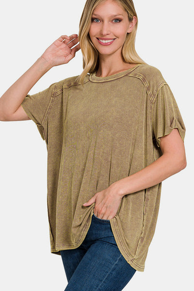 Zenana Washed Ribbed Short Sleeve Top Southern Soul Collectives