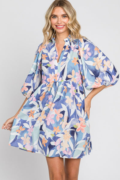 Floral Print Balloon Sleeves Mini Dress in Blue Southern Soul Collectives