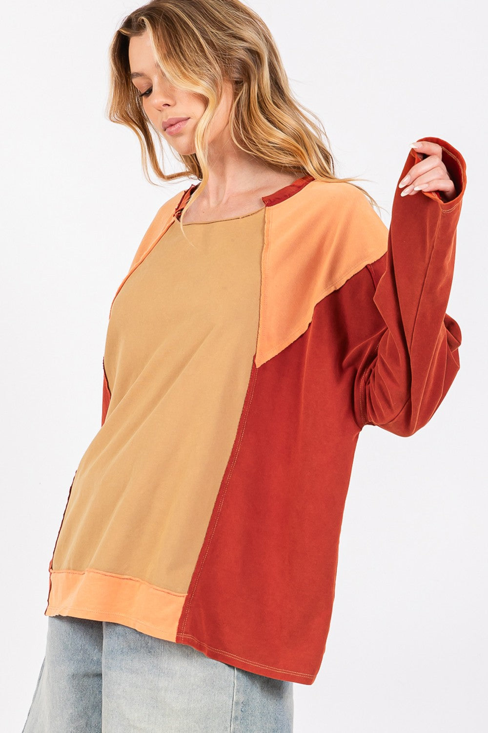 Mineral Wash Color Block Pullover Top in Red Toast Southern Soul Collectives