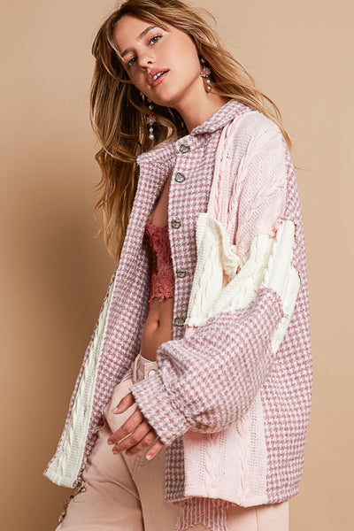 Houndstooth Contrast Cable Knit Pocket Shacket in Pink Southern Soul Collectives