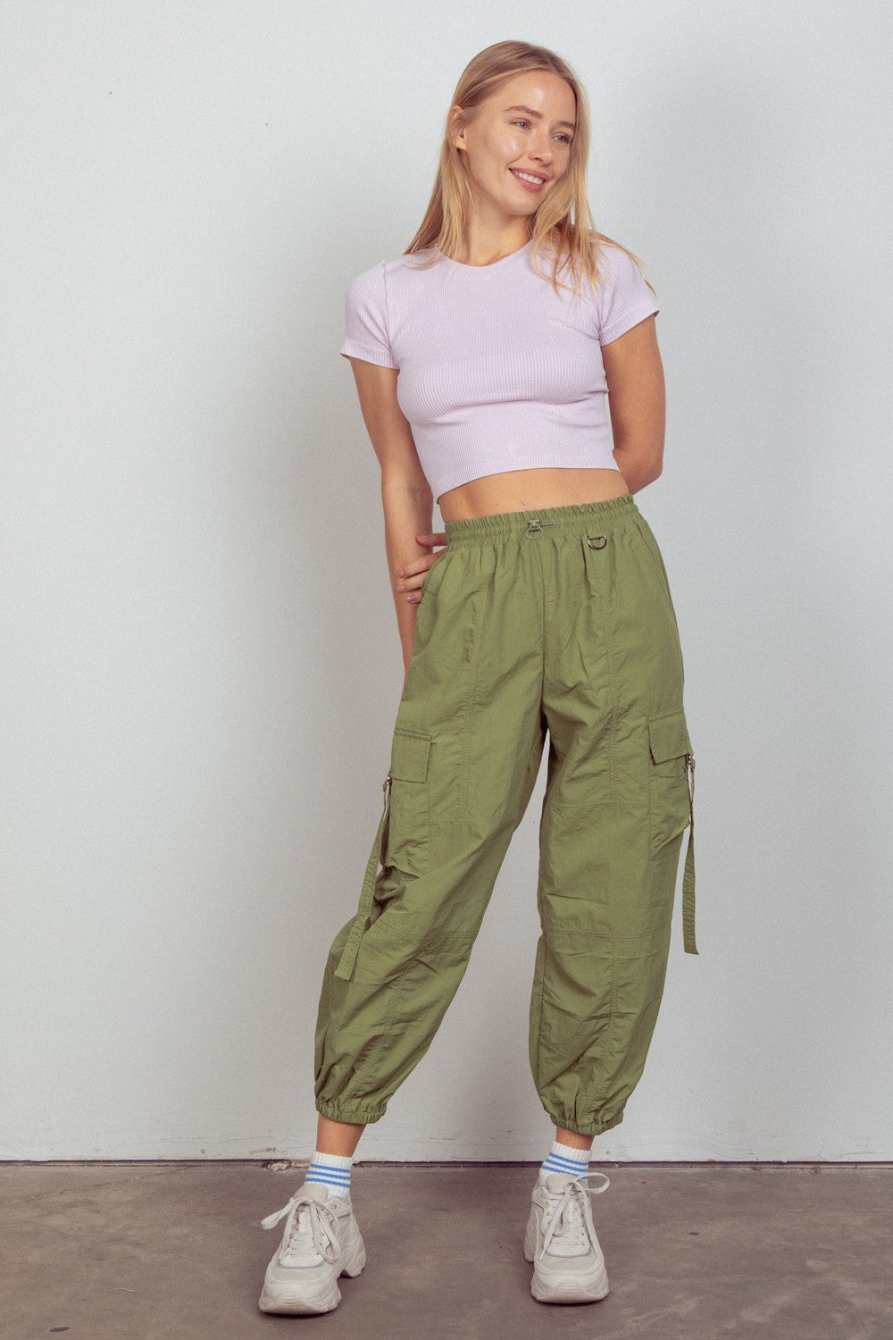 Elastic Waist Woven Cargo Pants in Olive Southern Soul Collectives