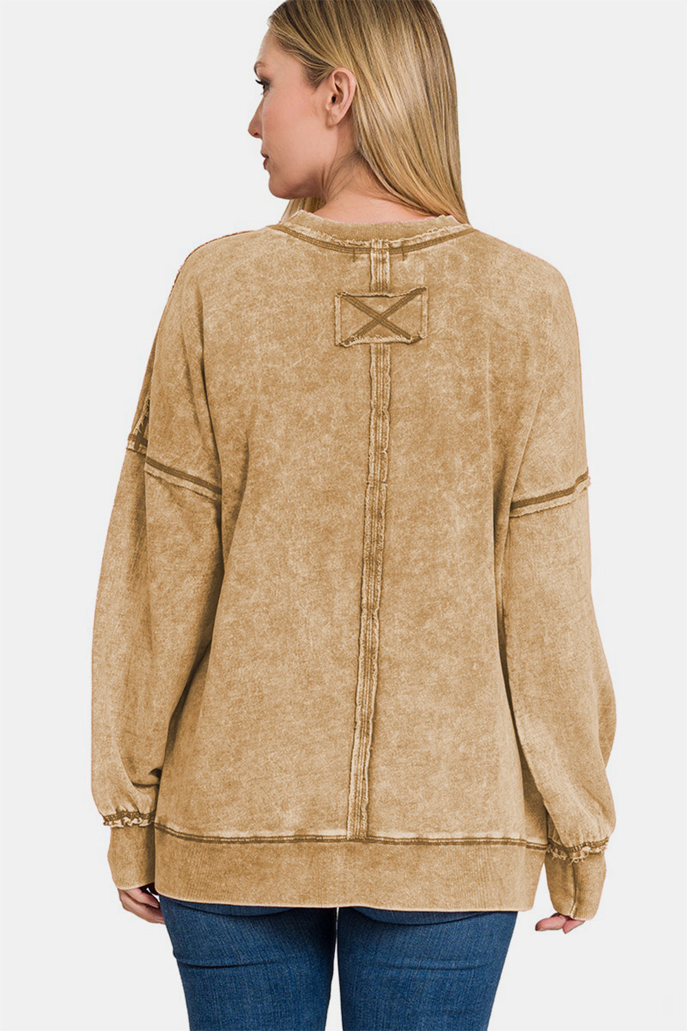 Zenana Exposed Seam Round Neck Dropped Shoulder Sweatshirt in Camel Southern Soul Collectives