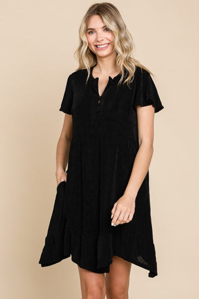 Hey Girl Notched Short Sleeve Mini Dress with Pockets in Black Southern Soul Collectives