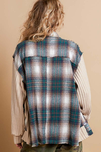 Plaid Contrast Button Down Shacket in Beige Olive Southern Soul Collectives