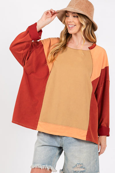 Mineral Wash Color Block Pullover Top in Red Toast Southern Soul Collectives