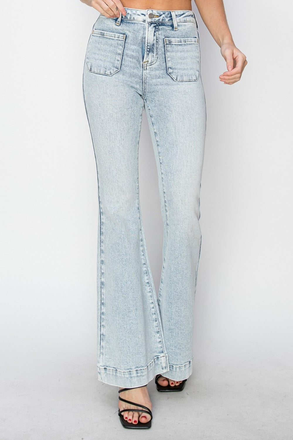 Risen High Rise Front Patch Pocket Flare Jeans Southern Soul Collectives