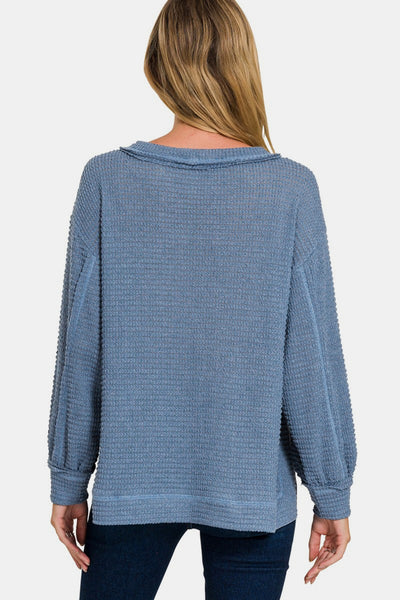 Zenana Exposed Seam Side Slit Long Sleeve Top in Dusty Blue Southern Soul Collectives