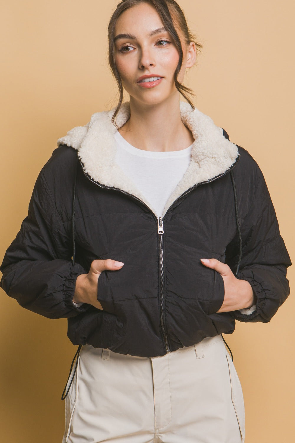 Zip Up Cropped Hooded Sherpa Reversible Jacket in Black Southern Soul Collectives